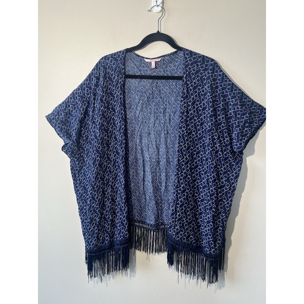 Victoria's Secret Fringe Kimono Women XS/S Open Front Boho Oversized Blue Layer